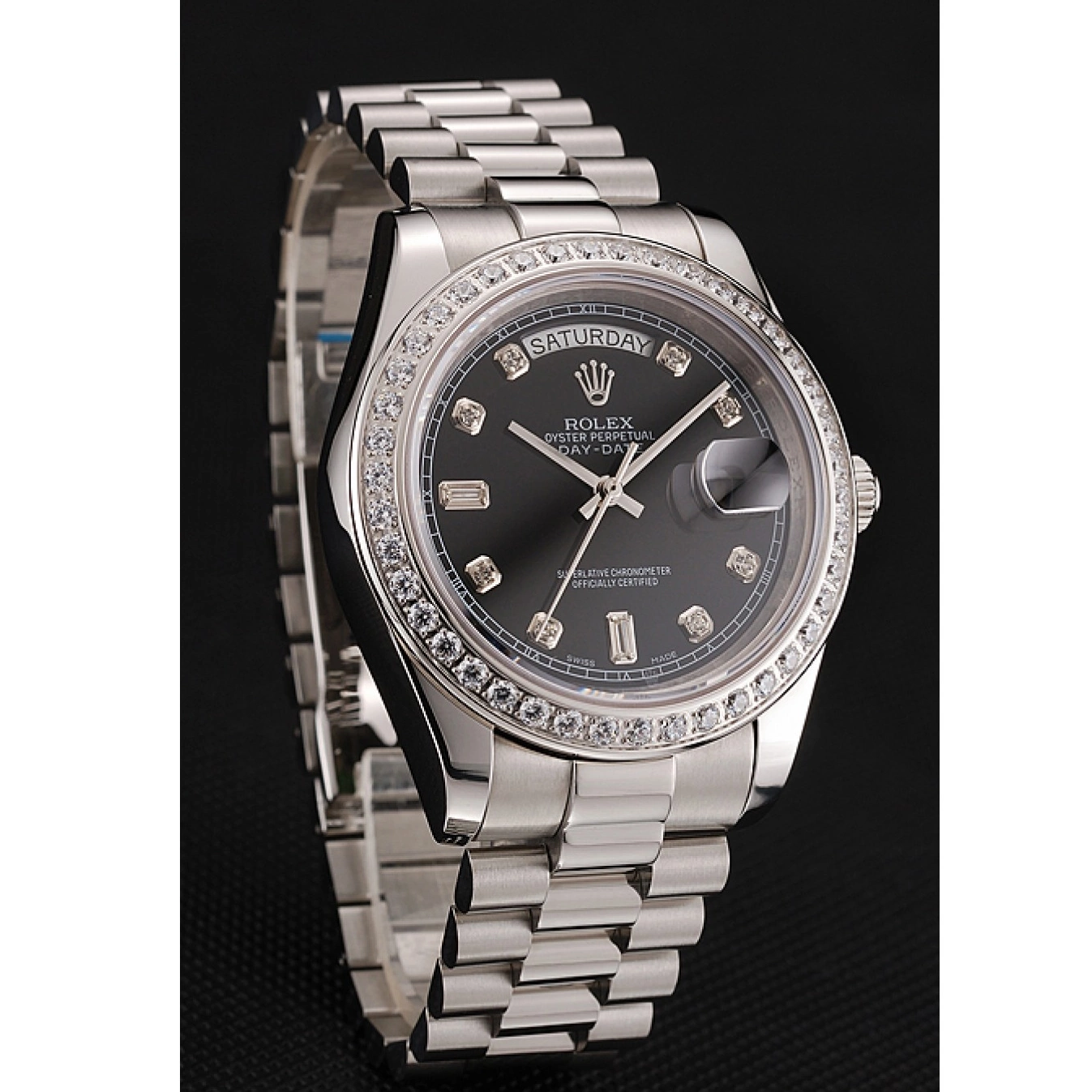 Aaa replica watch 1453966 Day-Date Dial Case Rolex Swiss Steel Diamond Numerals Black Diamond Stainless Bracelet 0820
